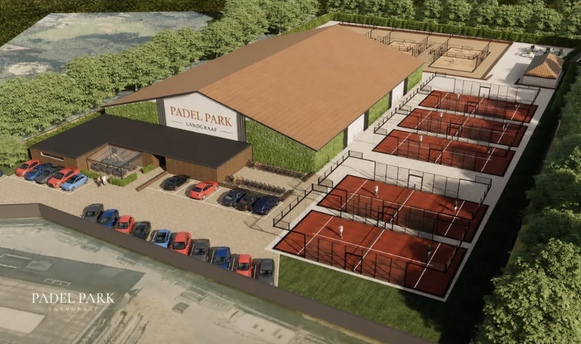 3D-impressie van Padel Park Landgraaf met indoor- en outdoorbanen, parkeerplaats en clubhuis