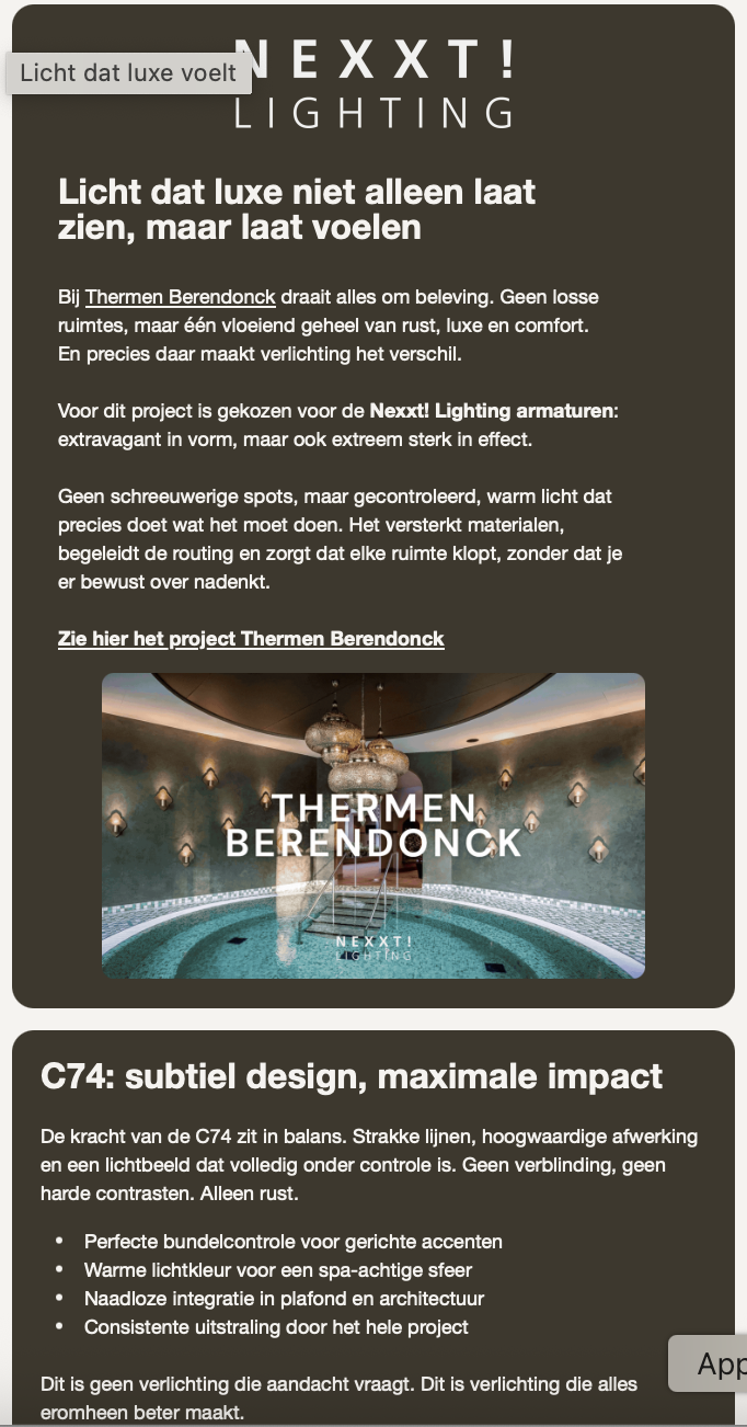 Nieuwsbrief Thermen Berendonck, licht dat luxe laat voelen