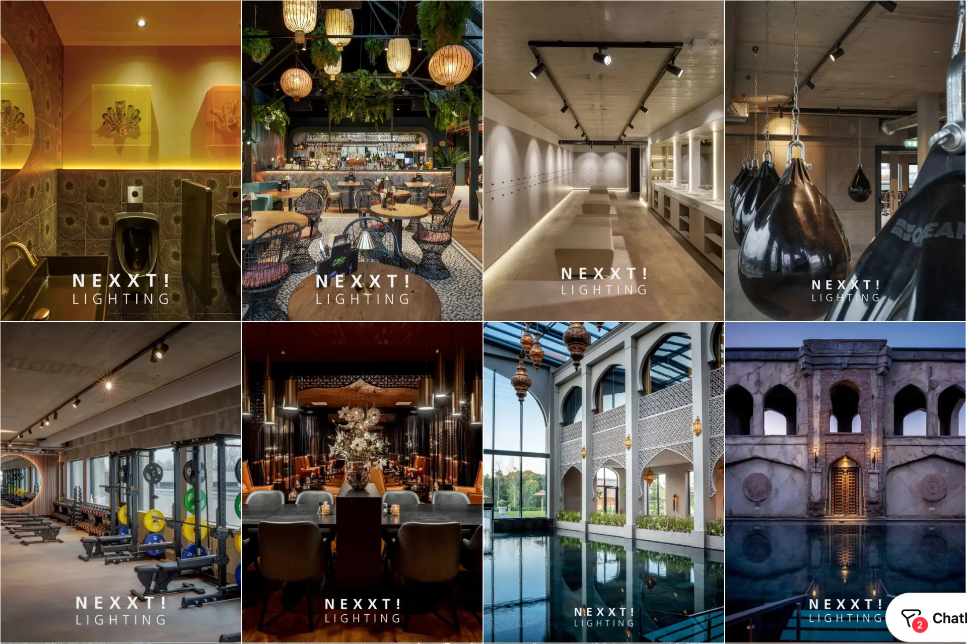 Instagram grid met projectfotografie, horeca, wellness, retail en woningen