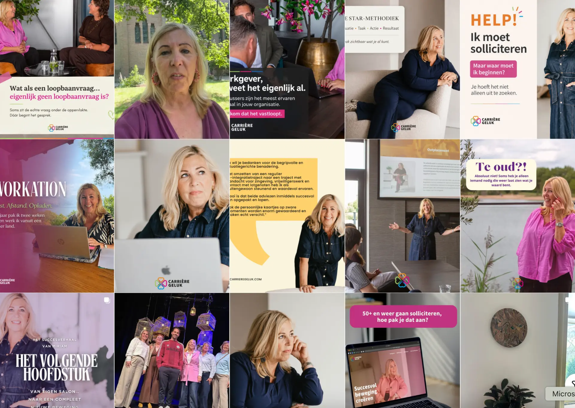 Carrière Geluk, social media grid met content in eigen huisstijl